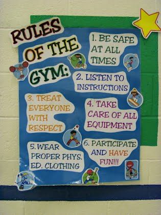 Nice rules poster!  Like any other class at school, the gym has to have its own set of rules.... Pe Rules, Physical Education Bulletin Boards, Pe Bulletin Boards, Gym Rules, Health Bulletin Boards, Pe Lesson Plans, Teaching Portfolio, Elementary Physical Education, Elementary Pe