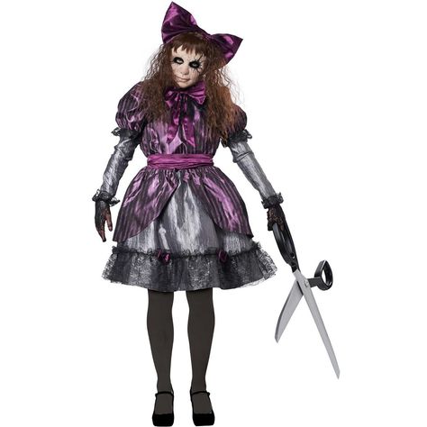 Haunted Doll Costume, Scary Doll Costume, Purple Hair Bows, Amazing Halloween Costumes, Victorian Fashion Dresses, Peplum Designs, Purple Bow Tie, Womens Costume, Scary Dolls