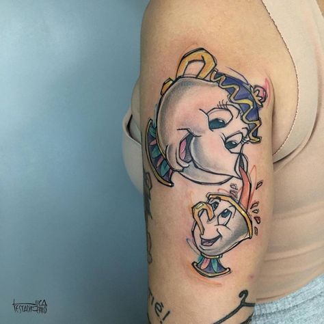 Mrs Potts And Chip Tattoo, Disney Characters Cartoon, Chip Tattoo, Beauty And The Beast 1991, Mrs Potts And Chip, Tattoo Disney, Home Objects, Characters Disney, Mrs Potts