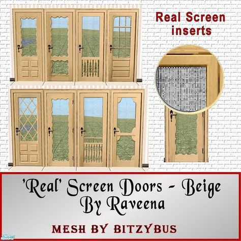 All screen doors have realistic screen inserts and come in a variety of styles and colors...beige, brown and maple. This is the beige set. You need BitzyBus's mesh file. The link is below each... Sims 4 Screen Door, Beige Screen, Vintage Screen Doors, Sims Houses, Screen Doors, Sims House, Screened In Porch, Screen Door, Sims 4 Cc