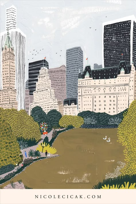 A gouache painting of Central Park in New York City by illustrator Nicole Cicak. Artwork includes The Plaza Hotel, and surrounding buildings. Swans and a balloon vendor complete this idyllic cityscape. Nyc Illustration Art, Central Park Illustration, New York Illustration Art, New York City Illustration, Nyc Illustration, Lisbeth Zwerger, New York Illustration, Park Illustration, Girl Illustrations