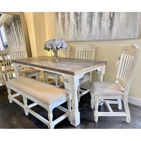 Rosalind Wheeler Mcgruder 6 - Person Pine Solid Wood Dining Set | Wayfair Island And Dining Table Combo Rustic, White And Wood Kitchen Table, Kitchen Tables Farmhouse, Farmhouse Table And Chairs, Farmhouse Kitchen Table, Farmhouse Dining Set, Contemporary Dining Sets, Breakfast Nook Dining Set, Nook Dining Set