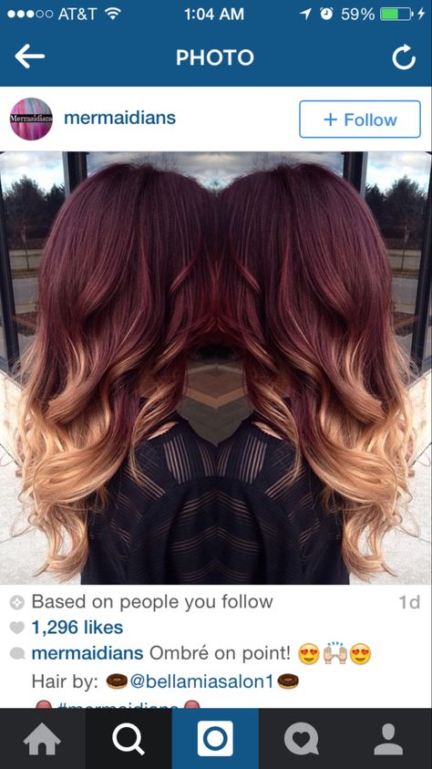 Red Hair With Blonde Tips Ombre, Maroon To Blonde Ombre Hair, Burgundy To Blonde Balayage, Dark Red To Blonde Balayage, Dark To Light Red Ombre Hair, Dark Brown Red Blonde Balayage, Burgundy Hair With Blonde Underneath, Dark Red To Blonde Ombre Hair, Light Red Ombre Hair