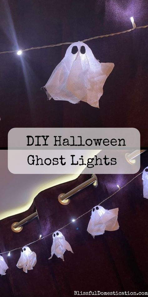 A simple tutorial for these cute DIY Halloween Ghost Lights. Diy Ghosts Decor, Diy Ghost Decoration Hanging, Ghost Lights Diy, Quick Halloween Decorations, Halloween Fairy Lights, Diy Ghost Decor, Diy Halloween Lights, Halloween Lights Diy, Diy Ghost Decoration