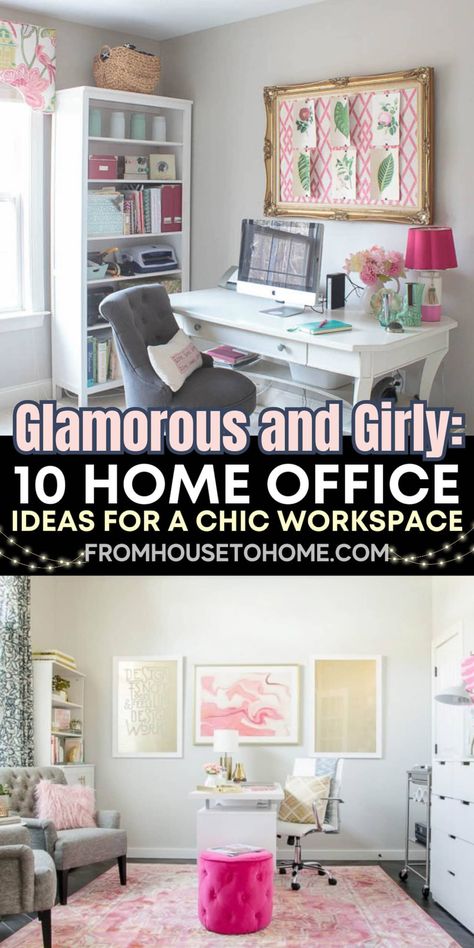 Glamorous and girly: 10 home office ideas for a chic workspace Office Pink Decor, Navy Pink And Gold Office Decor, Cute Girly Office Ideas, Home Office Desk Decor Ideas, Pink And White Office Ideas, At Home Office Set Up, Girlie Office Ideas Work Spaces, Glam Craft Room, Pink And Green Home Office