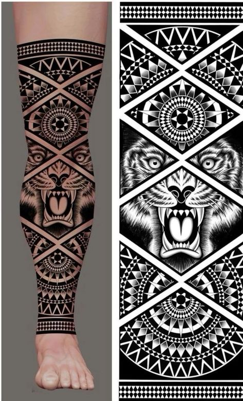 Leg Sleeve Tattoo Design For Men, Maori Tiger Tattoo, Maori Tattoo Designs Leg, Tattoo Maori Perna, Geometric Tattoo Hand, Leg Band Tattoos, Tato Maori, Geometric Tattoo Sleeve Designs, Tattoo Pierna