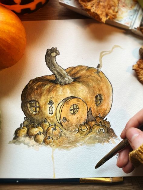 Fall Drawings Realistic, Halloween Drawings Watercolor, Fall Ink Drawing, Autumn Illustration Watercolor, Pumpkin Fairy House Drawing, Fall Artist Aesthetic, Drawing Ideas Hollween, Watercolor Painting On Old Book Pages, Cottagecore Pumpkin Painting