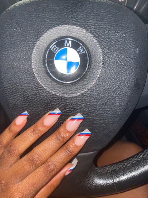 Bmw Acrylic Nails, Bmw Nails Design White, Red White Blue French Nails, Bmw Inspired Nails, Red Blue White Nails, Red And Blue Nails Acrylic, Car Inspired Nails, Bmw Nails Art, Bmw Nails Design