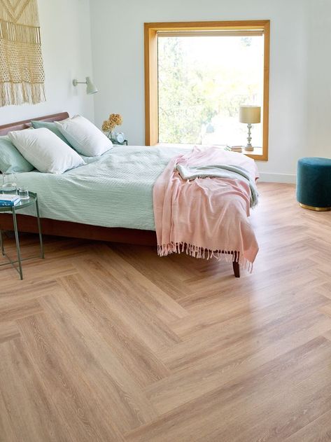 Amtico Spacia, Amtico Flooring, Bedroom, Herringbone Plank, Green Duvet, Pillows, Pink Blanket, Window, Stool, Lamp, Flowers, Residential Flooring Ideas For Bedroom, Bedroom Flooring Ideas, Amtico Spacia, Amtico Flooring, Design Your Bedroom, Room Visualizer, Hallway Designs, Floor Tile Design, Sanctuary Bedroom