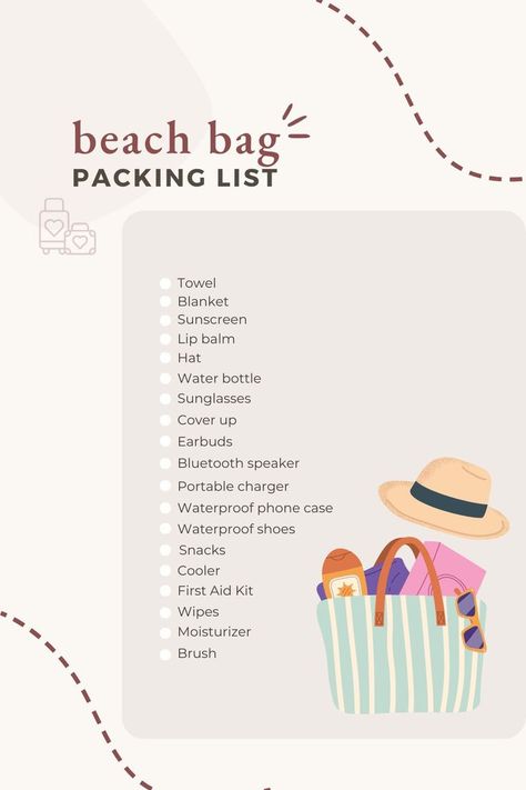 Beach bag packing list Beach Travel Essentials, Emergency Kit For Girls, Bag Packing List, Beach Vacation Packing, Beach Bag Essentials, Emergency Essentials, Airport Aesthetic, Packing Essentials, Bag Packing