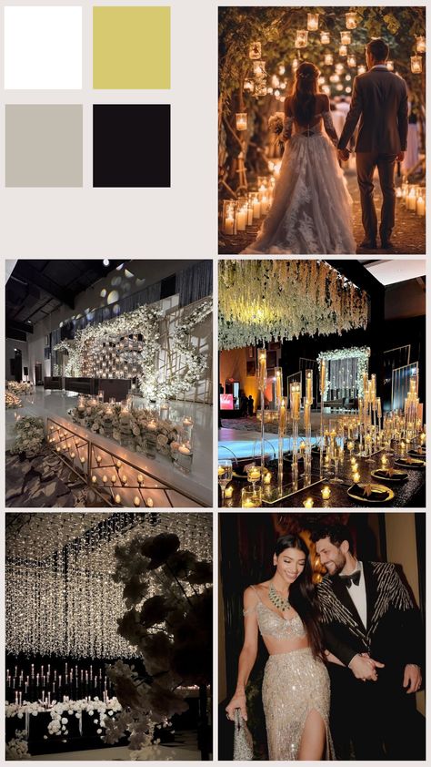 This wedding theme depicts a classy and glamourous black theme with white, gold, and silver accents. This gives a modern and chic touch to an elegant wedding. #blacktheme #elegant #glamwedding #silver #gold Black Gold Silver Wedding Theme, Black White Gold Wedding Theme, Silver Wedding Theme, Elegant Theme, Gold Wedding Theme, Black Theme, Wedding Theme Colors, Elegant Themes, Marrying My Best Friend