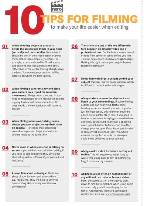 Check out Nero's top ten tips for filming video, then enter our competition to win a Toshiba action camcorder and Nero 2014 Platinum video editing suite! Video Editing Basics, Horror Movie Making Tips, How To Make A Movie, Movie Tips, Filming Tips, Video Editing Tips, Filmmaking Tips, Film Class, Make A Movie