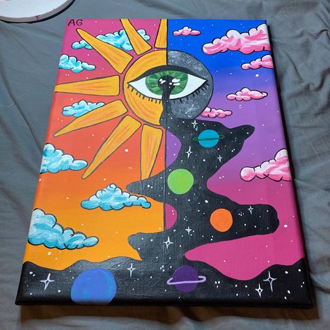 Trippy Sun And Moon Painting, Simple Trippy Canvas Paintings, Easy Spiritual Paintings For Beginners, Shroom Painting Ideas Creative, Felt Tip Art Pens Drawing, Bright Drawings Ideas, Things To Draw While High, What To Paint On A Black Canvas Trippy, Half Painting Ideas