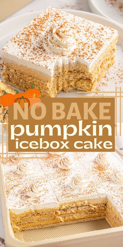 Pumpkin Ice Box Cake Graham Crackers, Pumpkin Ginger Snap Icebox Cake, Summer Pumpkin Dessert, Halloween Icebox Cake, Pumpkin Pie Icebox Cake, Pumpkin Icebox Cake Graham Crackers, Pumpkin Layered Dessert Graham Crackers, No Bake Pumpkin Ice Box Cake, Graham Cracker Pumpkin Dessert