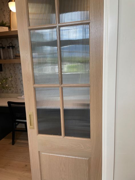 Wood Pocket Door Pantry, Wood Pocket Doors Interior, Cane Interior Door, White Oak Pocket Doors, Reeded Pantry Door, Wood And Glass Pocket Door, Oak Pocket Doors, Pocket Door Butlers Pantry, Pantry With Double Doors