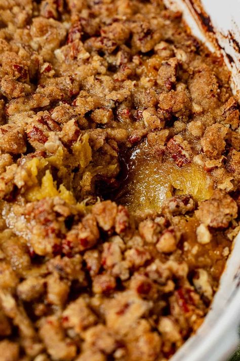 Acorn Squash Casserole with Brown Butter Pecan Topping Thanksgiving Meals Without Turkey, Acorn Squash Casserole, Pecan Crumble, Roasted Acorn Squash, Pecan Topping, Butternut Squash Ravioli, Acorn Squash Recipes, Spiced Pecans, Squash Casserole