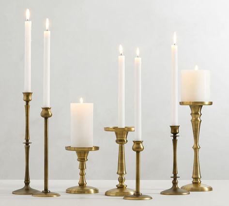 Booker Pillar Candle Holders - Brass | Pottery Barn Mounted Candle Holders, Pillar Holders, Glass Votive Candle Holders, Brass Candle Holders, Candle Sizes, Taper Candle Holders, Pillar Candle Holders, Brass Candle, D F