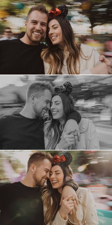 Engagement Disney Photos, Disney Couples Photoshoot, Disney Picture Ideas For Couples, Disneyland Photoshoot Couple, Disney World Engagement Photos, Disneyland Couple Photos, Disney Poses Ideas Couples, Disneyland Family Photos, Disneyland Photo Ideas Couples