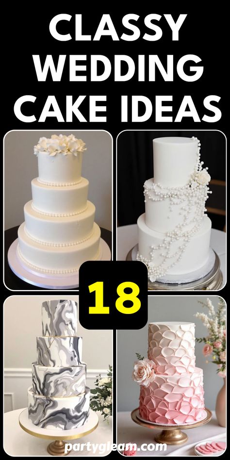 Get ready to be inspired by this selection of 18 classy wedding cake ideas! Whether you're looking for a marbled fondant masterpiece or an elegant all-white tiered cake, we've got you covered. Discover exquisite designs like ombre buttercream tiers and a stunning pearlescent fondant cake adorned with sugar pearls. Perfect for brides-to-be or anyone who loves desserts, these beautiful cakes will make your special day unforgettable while elevating your celebration's style. Your dream wedding cake awaits! Wedding Cakes Marble, Non Fondant Wedding Cakes, Wedding Cake 50 People, Elegant Wedding Cakes Romantic, Blue Wedding Cake Ideas, Trending Wedding Cakes, Grooms Cake Ideas, Wedding Cake Topper Ideas, Buttercream Ruffle Cake