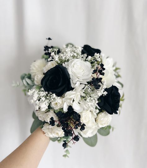 Black and White Bridal Bouquet, Black Bouquets, Black Bridal Bouquet, Black Fake Bouquet, Black - Etsy All Black Wedding Bouquet, White Black Bouquet, White And Black Bouquet Wedding, Green Black And White Bouquet, Bouquet For Black Wedding Dress, Black White And Blush Bouquet, Black And White Prom Bouquets, Black And Silver Flower Bouquet, Black White And Silver Bouquet