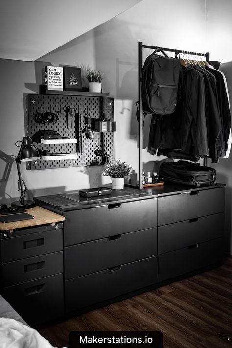 Monochrome Desk Setup Mens Bedroom Storage Ideas, Productive Bedroom Ideas, Masculine Studio Apartment Small Spaces, Bedroom Inspiration Men, Minimalism Room Ideas, Industrial Bedroom Decor Ideas, Man Room Ideas, Black Desk Setup, Bachelor Home Decor