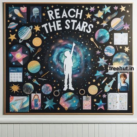 These galaxy-themed bulletin board ideas and activities will create an exciting and engaging environment for elementary school students, making their return to school a stellar experience. Galaxy Classroom Theme Bulletin Boards, Universe Bulletin Board, Constellation Bulletin Board, Bulletin Board Ideas Science, Science Board Decoration Ideas, Space Theme Bulletin Boards, Space Bulletin Board Ideas, Galaxy Bulletin Board, Science Room Decor