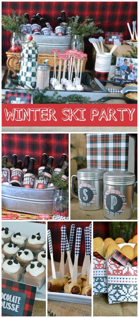 A New England apres-ski buffet with chili, macaroni and cheese, a hot chocolate bar and s’mores favors! See more party planning ideas at CatchMyParty.com! Ski Party Food Ideas, Apres Ski Party Food, Ski Party Food, Apres Ski Party Decoration, Ski Decorations, Ski Party Ideas, Apres Party, Ski Birthday, Ski Lodge Party