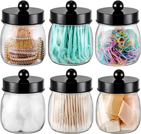 Amazon.com: Farmhouse Decor Apothecary Jar Set,Mason Jar Bathroom Vanity Storage Organizer Canister - Qtip Holder Plastic Acrylic Jar for Cotton Swabs,Cotton Pads,Floss Picks,Paper Clips,Hair Clips(6 Pack,Black) : Industrial & Scientific Western Decor Bathroom, Towel Bar Decor, Apothecary Bathroom, Plastic Mason Jars, Bathroom Vanity Storage, Mason Jar Bathroom, Floss Picks, Puppy Treats, Bedroom Crafts