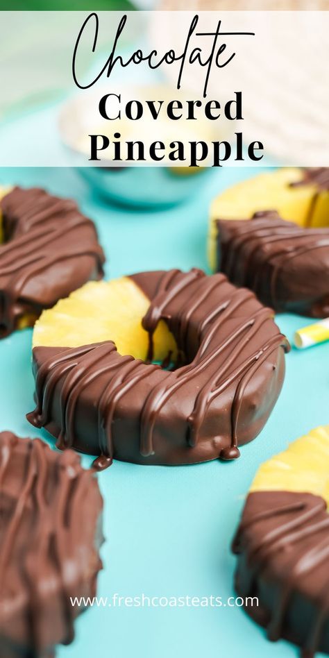 An image of chocolate covered pineapple rings on a Teal backdrop. Cheesecake Dipped Pineapple, Pineapple Hors D’oeuvres, Pineapple Treats For Party, Dipped Pineapple Slices, Dipping Fruit In Chocolate, Summer Christmas Desserts, Chocolate Dipped Fruit Platter, Sugar Dipped Fruit, Pineapple Snack Ideas