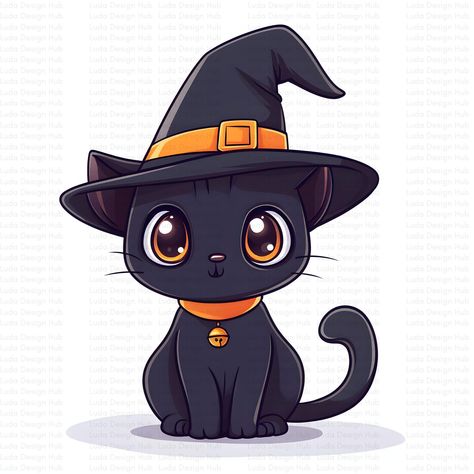 Cute Animal Illustration Art, Cute Halloween Cartoon Drawings, Kawaii Halloween Drawings, Cute Halloween Clip Art, Doodle Art Halloween, Cute Kawaii Eyes, Halloween Cute Drawings, Cute Black Cat Drawing, Halloween Cat Illustration