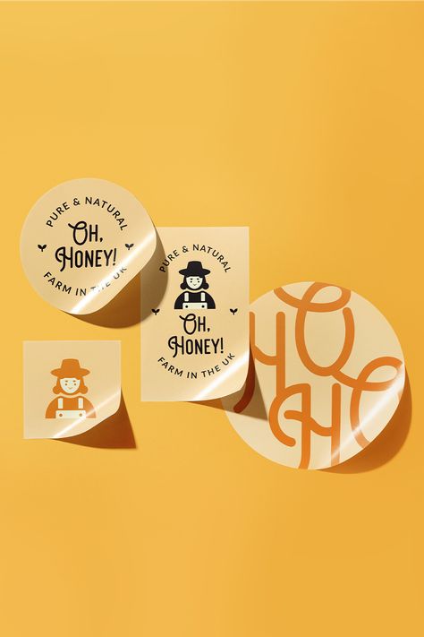 Square Sticker Design, Bee Branding Design, Honey Brand Identity, Sticker Product Design, Honey Sticker Design, Honey Merchandise, Honey Brand Logo, Honey Graphic Design, How To Order Design