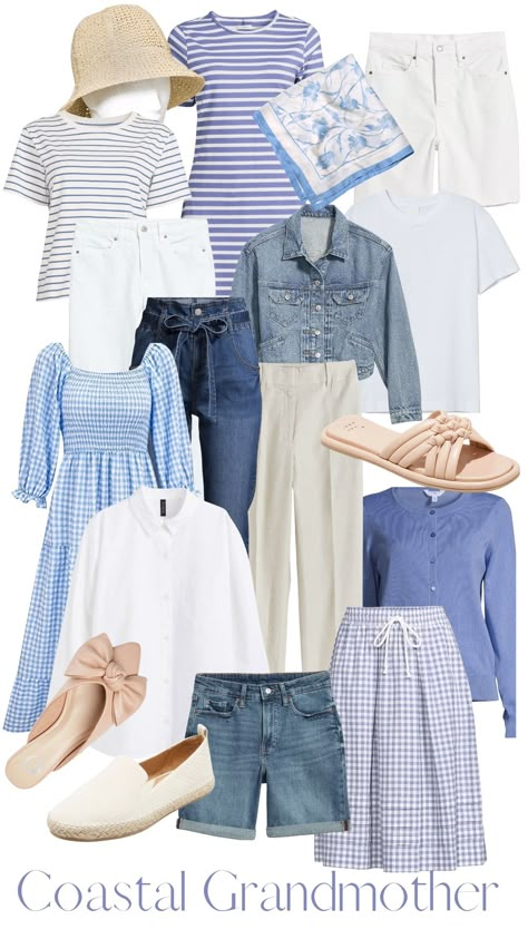 Blue and white Coastal Grandmother fashion Costal Grandmother Clothes, Blue Spring Outfits Women, Costal Grandmother Aesthetic Outfits, Coastal Grandmother Style Clothing, Coastal Granny Style, Coastal Grandmother Summer Outfits, Coastal Grandmother Capsule Wardrobe, Coastal Grandmother Fashion, Coastal Mom Outfits