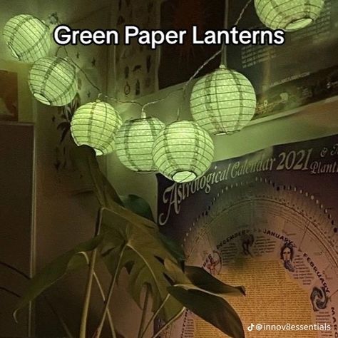 Ceiling Ideas Dorm, Green Paper Lanterns, Ceiling Room Decor Hanging, Paper Lanterns Room Decor, Pisces Bedroom Aesthetic, Lanterns Room Decor, Paper Lantern Decor Bedroom, Boho Grunge Bedroom, Lantern Room Decor