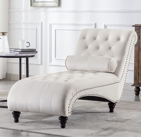 ONPNO Tufted Velvet Chaise Lounge Indoor, Leisure Accent Chair Upholstered Couch with Toss Pillow for Bedrooom Living (White) 55.1D x 25W x 34.3H in Room Couch Ideas Bedrooms, Modern Recliner Sofa, Chaise Lounge Indoor, Tufted Chaise Lounge, Velvet Chaise, Velvet Chaise Lounge, Upholstered Chaise Lounge, Upholstered Couch, Upholstered Chaise