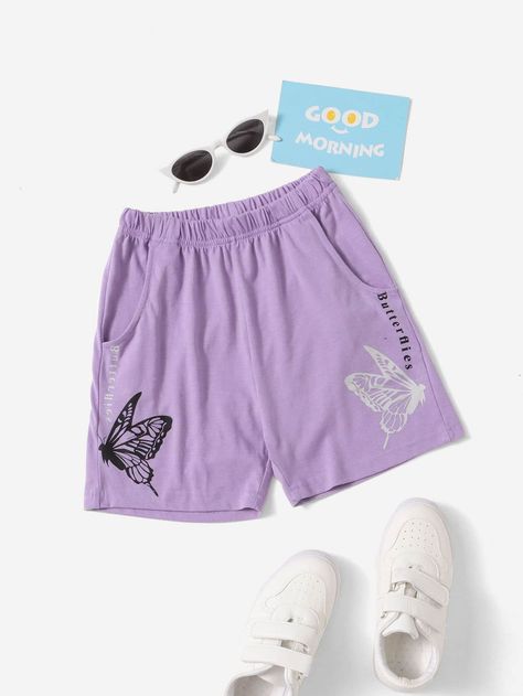 Lilac Purple Casual   Cotton Blends Letter Butterfly   Non-Stretch Summer Girls Clothing Girls Shorts, Print Shorts, Lilac Purple, Butterfly Print, Girls Clothing, Short Girls, Summer Girls, Printed Shorts, Butterflies