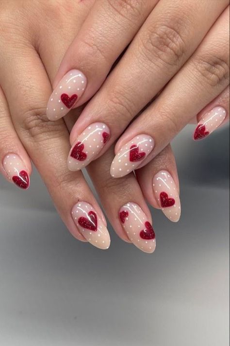 Red heart acrylic nail inspiration for Valentine's Day nails. Short January Nails, Spring 2023 Nail Colors, Coquette Nails Short, 2023 Nail Colors, Short Freestyle Nails, Pink Coquette Nails, Aesthetic February, Nail Inspo Aesthetic, January Nail Designs