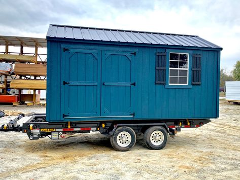 Shed On Wheels, Homestead Community, Trailer Workshop, Build A Storage Shed, Shed Exterior Ideas, Diy Travel Trailer, Hybrid Camper, Tiny Log Cabins, Backyard View