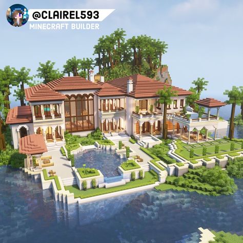 #minecraft #minecraftbuilds #minecraftbuildingideas Mincraft Idea Houses Beach, Minecraft Mansion Exterior, Minecraft Building Ideas Big House, Minecraft Mansion Aesthetic, Beach Mansion Minecraft, Massive Minecraft Houses, Minecraft Houses Island, Minecraft House Inspo Modern, Costal Minecraft House