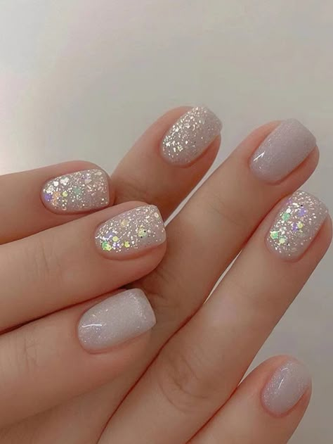 Squavol Nails Short, Manicure Inspo Short Nails, Nail Colors That Match Everything, Neutral Nails For Wedding Bridesmaid, New Years Nail Designs Short Square, Short Glitter Nail Designs, White Sparkly Nail Designs, Fall Thanksgiving Nails Short, Winter Sparkly Nails