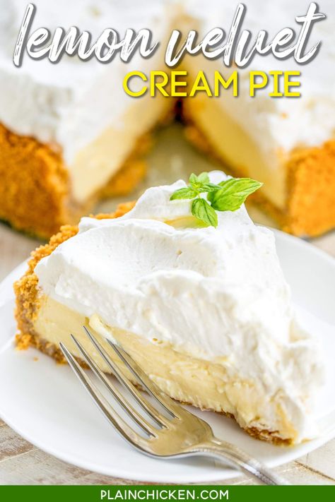 Lemon Velvet Cream Pie - hands down THE BEST lemon pie EVER!!! Everyone raves about this pie. Graham cracker crust, gelatin, egg yolks, sweetened condensed milk, whipping cream and lemon juice, powdered sugar. Can make a day or two in advance and top with fresh whipped cream before serving. I wanted to lick my plate! A must for all your holidays and dinner parties! #pie #dessert #lemonpie Gelatin Egg, Butterfinger Pie, Lemon Cream Pie, Dessert Pies, Sugar Cream Pie, Meringue Tart, Lemon Icebox Pie, Southern Peach Cobbler, Lemon Cream Pies