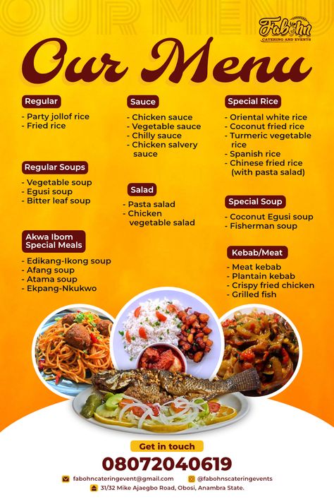 Menu Poster Design, Menu Design Ideas Templates, Catering Menu Design, Nigerian Foods, Soup Menu, Menu Poster, Chicken Biryani Recipe, Chicken Menu, Menu Flyer