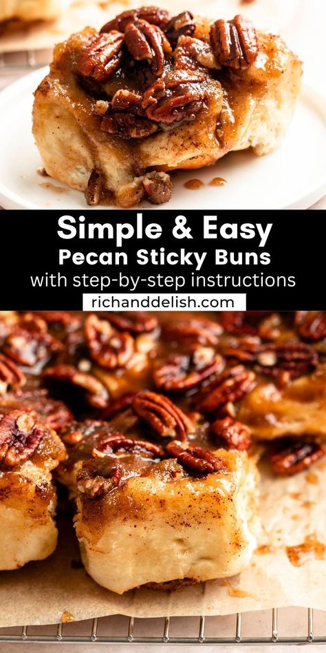 These gooey pecan sticky buns are made with soft dough filled with cinnamon filling, and topped with sticky caramel pecan topping. Pecan Sticky Buns Recipes, Sourdough Sticky Buns, Thick Chocolate Chip Cookie Recipe, Caramel Pecan Topping, Coconut Pecan Cookies, Caramel Sticky Buns, Cinnamon Filling, Sticky Buns Recipes, Pecan Sticky Buns