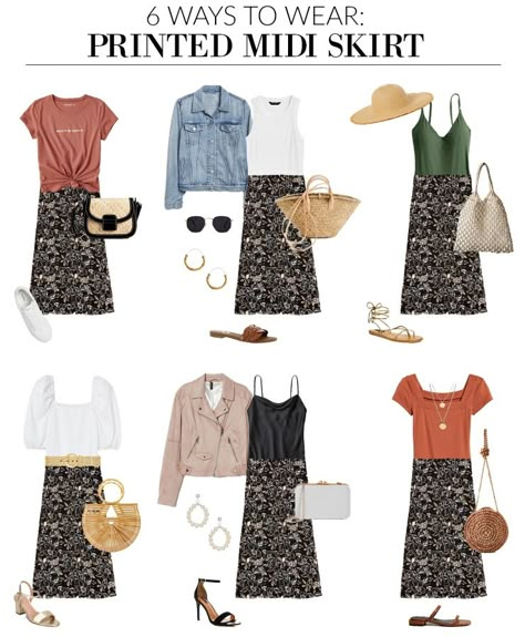 6 ways to wear a floral skirt Styling Floral Midi Skirt, Versatile Skirt Outfit Ideas, Styling Long Floral Skirt, Womens Long Floral Skirt, What To Wear With Floral Skirt, Shirts To Wear With Midi Skirts, Easy Skirt Outfits, Floral Skirts Midi Outfit, Midi Skirt Capsule Wardrobe