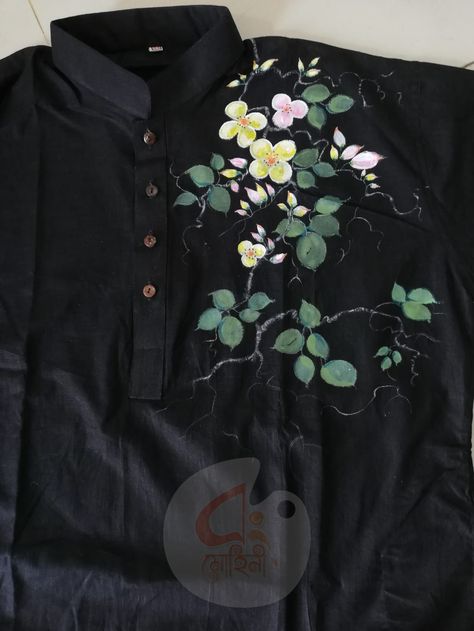 Handpaint Painting On Panjabi, Cherry Painting, Cherry Flower, Hand Paint, Hand Painting, Black Cotton, Cherry, Hand Painted, Paint