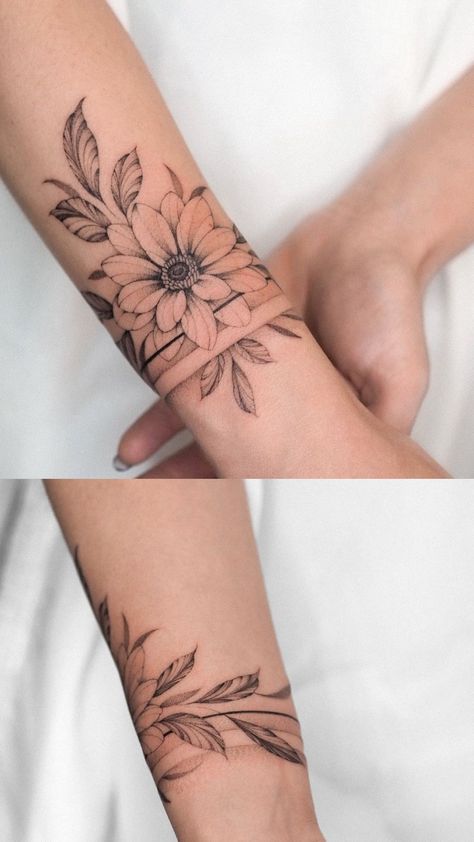 Nature Tattoo Wrap Around, Bird Arm Band Tattoo, Bicep Cuff Tattoo Women, Full Wrist Tattoos For Women, Inner Elbow Flower Tattoo, Nature Wrist Tattoo, Flower Wrist Wrap Tattoo, Nature Armband Tattoo Design, Cuff Tattoo For Women