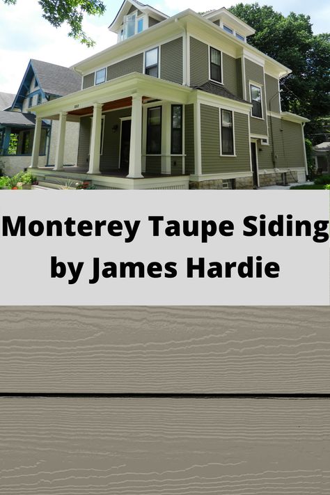 A taupe-based color with darker undertones, Monterey Taupe offers a sophisticated and striking neutral. This color works well paired with its softer cousin, Cobble Stone. James Hardie Monterey Taupe, James Hardie Monterey Taupe Siding, Monterey Taupe Hardie Siding, Monterey Taupe Hardie Board, Taupe Siding House Color Schemes, Taupe Exterior House Colors, Hardie Monterey Taupe, Taupe Siding, Farm Exterior