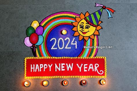 New Year Rangoli Design Cartoon, Happy New Year Rangoli, New Year Rangoli, Big Rangoli, Rangoli Art, Indian Rangoli, Big Rangoli Designs, Beaded Necklace Designs, Rangoli Designs