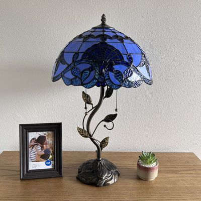 Metal Resin Base with bronze finish .Each piece of stained glass is hand-soldered into place using the traditional copper foil technique. | Astoria Grand Meryem Tiffany Table Lamp Blue Stained Glass Baroque Style LED Bulbs Included 14"W*14"D*24"H blue | C110193743 | Wayfair Canada Stain Glass Coffee Table, Edwardian Room Decor, Vintage Lamp Bedroom, Stained Glass Bedroom Aesthetic, Tiffany Lamp Blue, Room Decor Whimsigoth, Things For Your Room Decorating, Blue Vintage Decor, Whimsi Goth Decor