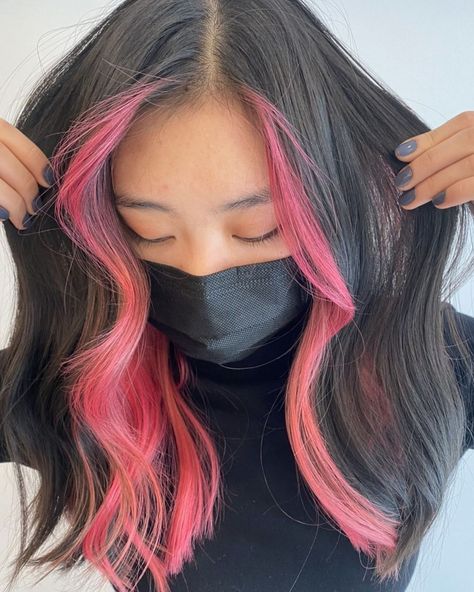 Mila | Montreal Hair Colorist on Instagram: “Pink face frame x peekaboo” Pink Face Frame Hair, Peekaboo Pink Hair, Brown Hair With Pink Highlights, Pink Peekaboo Hair, Pink Peekaboo, Peekaboo Hair Colors, Face Framing Hair, Light Pink Hair, Peekaboo Hair