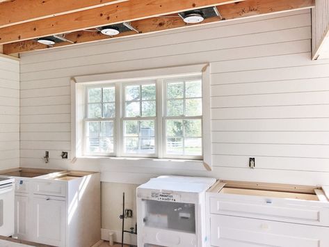 Shiplap Cabinets, Sunroom Update, Kitchen No Upper Cabinets, Kitchen Sunroom, No Upper Cabinets, Shiplap Kitchen, Shiplap Backsplash, Kitchen Cabinets Decor, White Shiplap